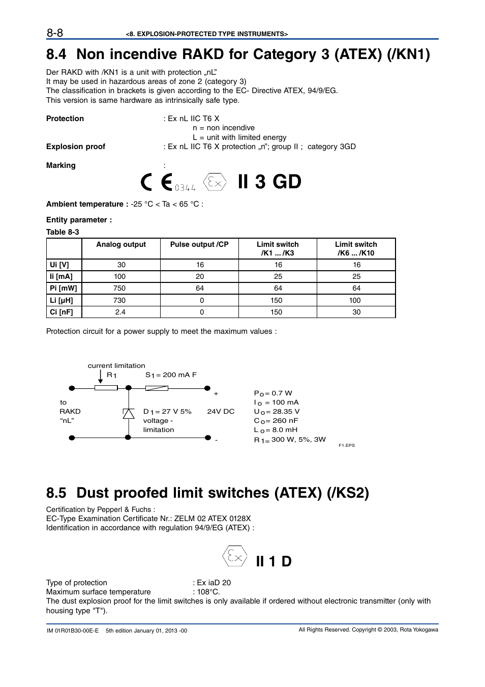 4 non incendive rakd for category 3 (atex) (/kn1), 5 dust proofed limit switches (atex) (/ks2), 5 dust proofed limit switches (atex) (/ks2) -8 | Ii 3 gd, Ii 1 d | Yokogawa RAKD User Manual | Page 54 / 72