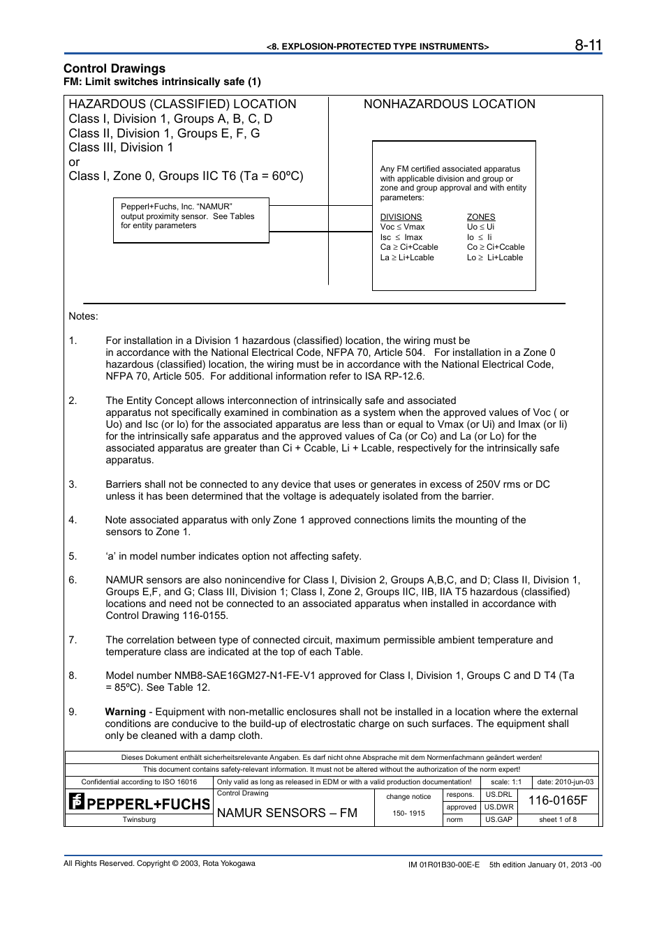 Control drawings, 0165f, Namur sensors – fm | Yokogawa RAKD User Manual | Page 57 / 72