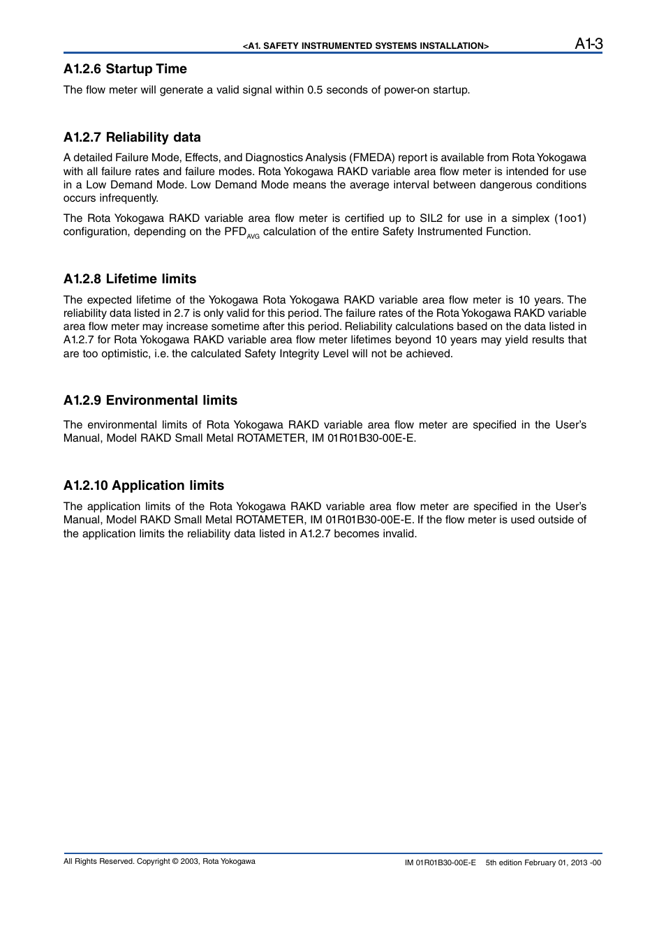 A1.2.6 startup time, A1.2.7 reliability data, A1.2.8 lifetime limits | A1.2.9 environmental limits, A1.2.10 application limits, A1-3 | Yokogawa RAKD User Manual | Page 65 / 72