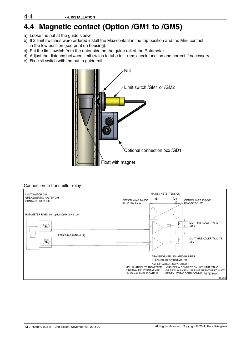 4 magnetic contact (option /gm1 to /gm5), 4 magnetic contact (option /gm1 to /gm5) -4, Connection to transmitter relay | Yokogawa RAGN User Manual | Page 18 / 46