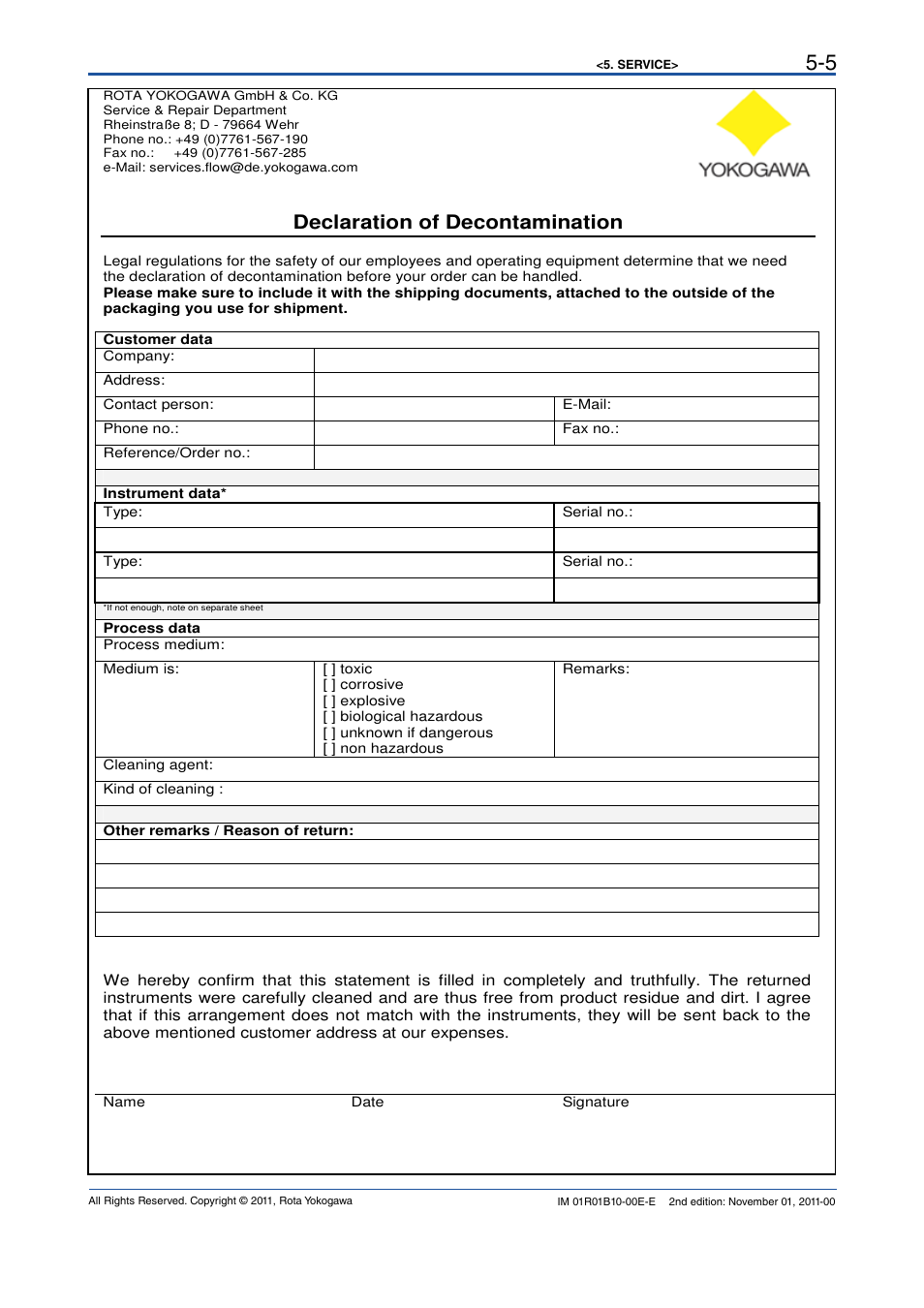 Declaration of decontamination | Yokogawa RAGN User Manual | Page 25 / 46