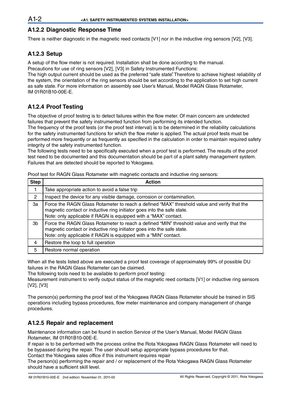 A1.2.2 diagnostic response time, A1.2.3 setup, A1.2.4 proof testing | A1.2.5 repair and replacement, A1-2 | Yokogawa RAGN User Manual | Page 42 / 46