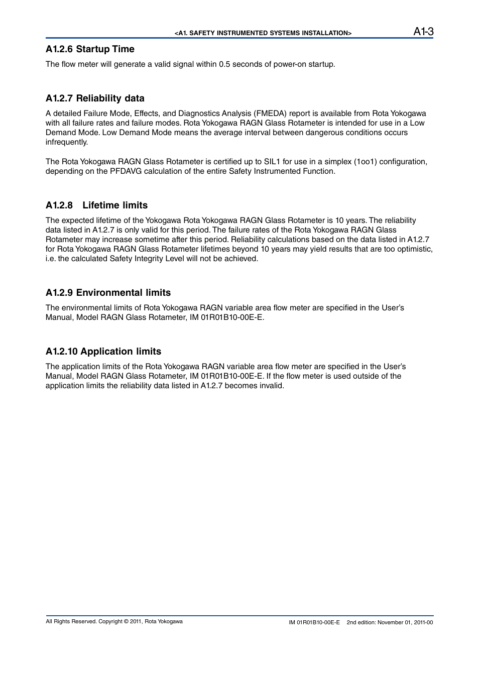 A1.2.6 startup time, A1.2.7 reliability data, A1.2.8 lifetime limits | A1.2.9 environmental limits, A1.2.10 application limits, A1-3 | Yokogawa RAGN User Manual | Page 43 / 46