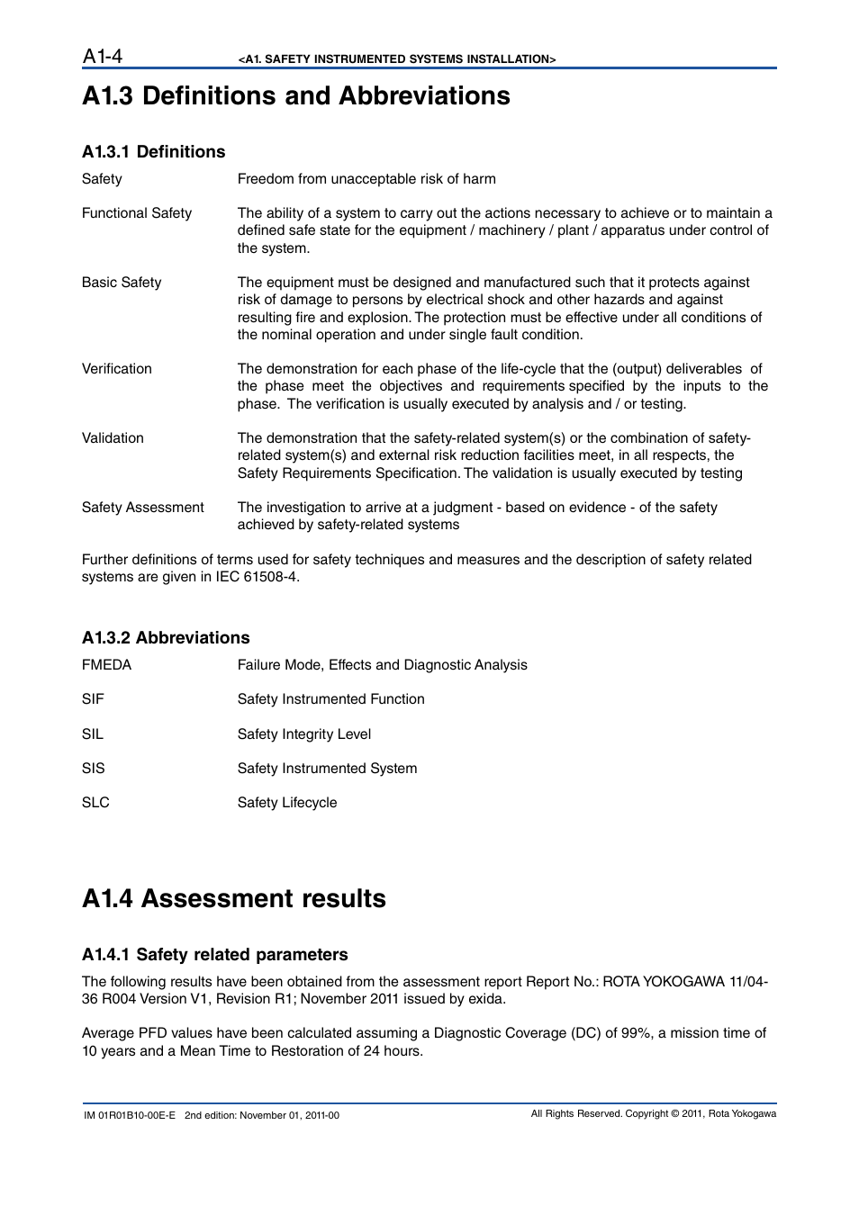 A1.3 definitions and abbreviations, A1.3.1 definitions, A1.3.2 abbreviations | A1.4 assessment results, A1.4.1 safety related parameters, A1-4 | Yokogawa RAGN User Manual | Page 44 / 46