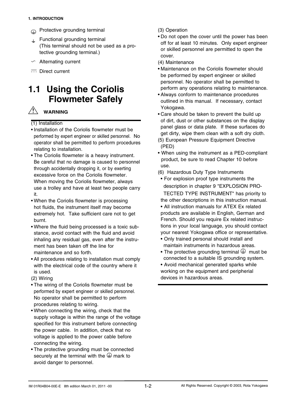 1 using the coriolis flowmeter safely, 1 using the coriolis flowmeter safely -2 | Yokogawa RotaMASS 3-Series User Manual | Page 10 / 254