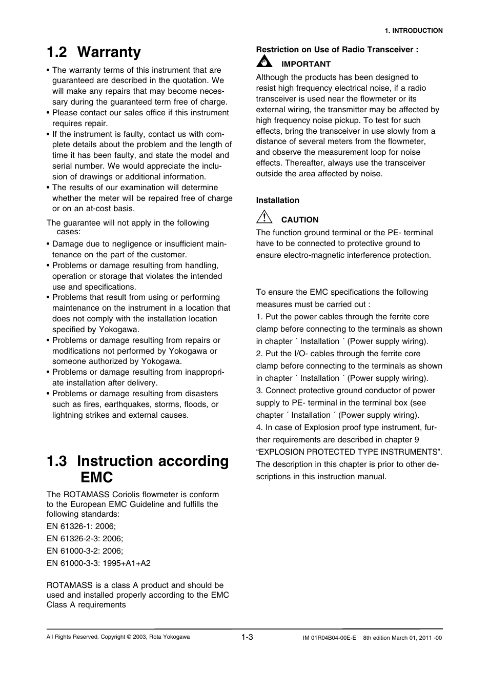 2 warranty, 3 instruction according emc, 2 warranty -3 | 3 instruction according emc -3 | Yokogawa RotaMASS 3-Series User Manual | Page 11 / 254