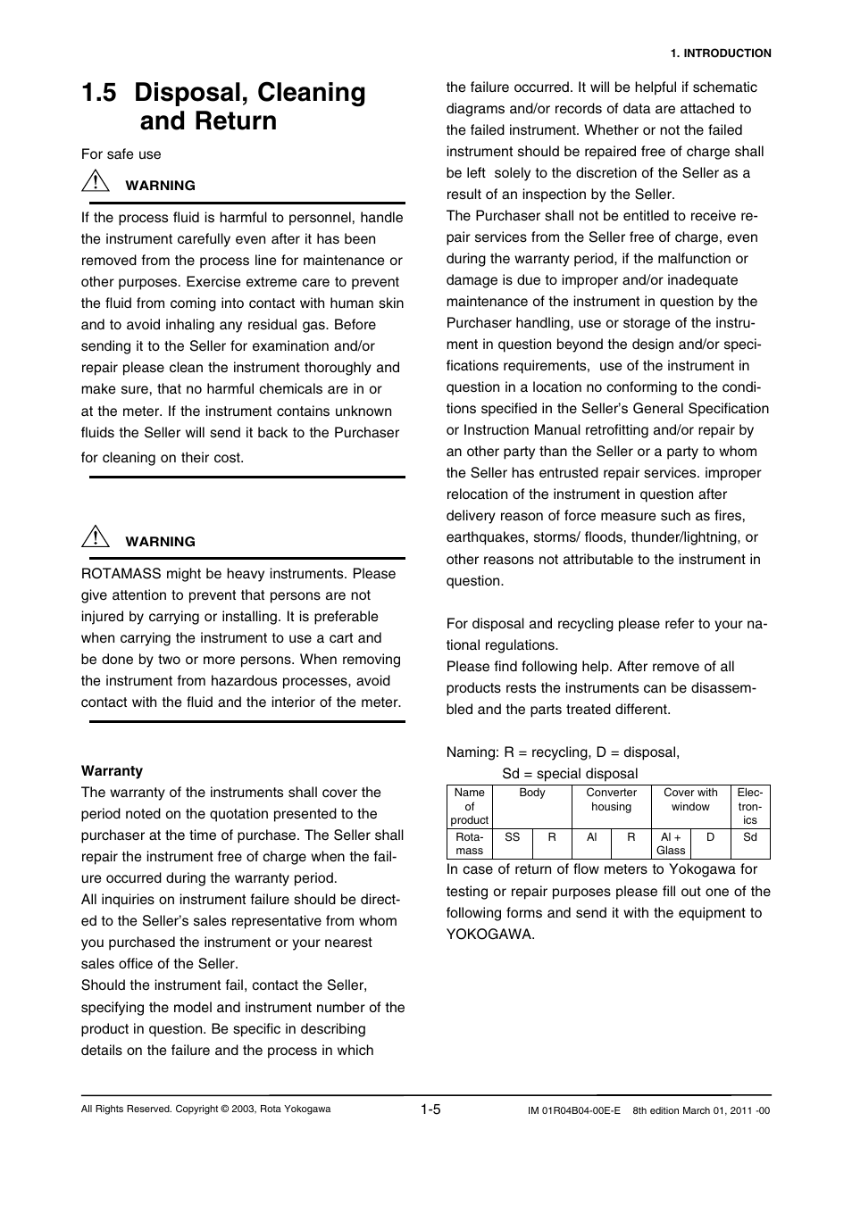 5 disposal, cleaning and return, 5 disposal, cleaning and return -5 | Yokogawa RotaMASS 3-Series User Manual | Page 13 / 254