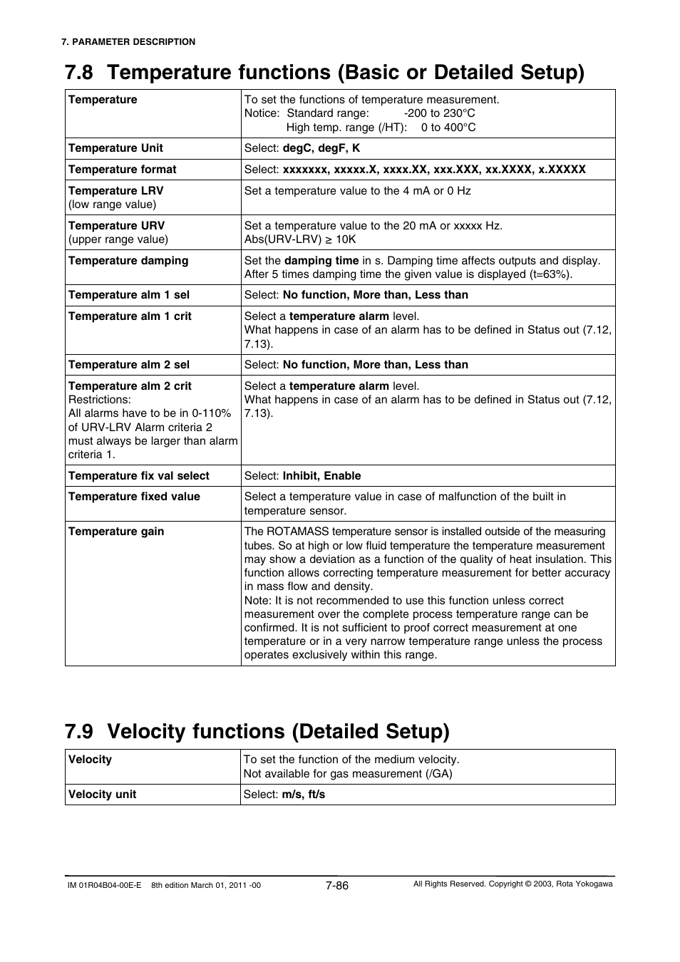 8 temperature functions (basic or detailed setup), 9 velocity functions (detailed setup), 9 velocity functions (detailed setup) -86 | Yokogawa RotaMASS 3-Series User Manual | Page 158 / 254