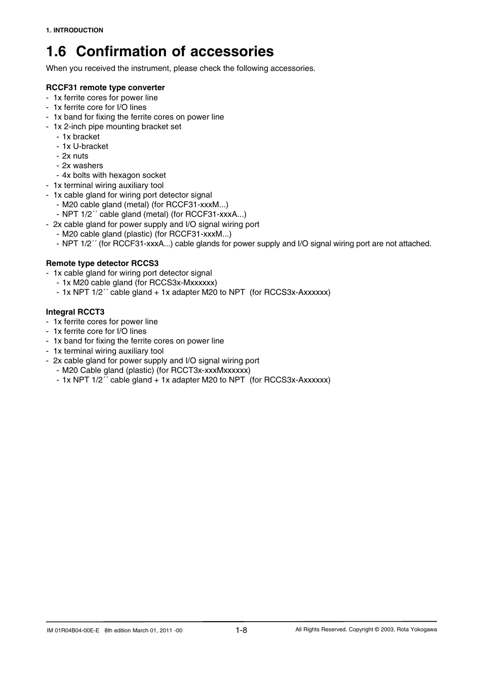 6 confirmation of accessories, 6 confirmation of accessories -8 | Yokogawa RotaMASS 3-Series User Manual | Page 16 / 254