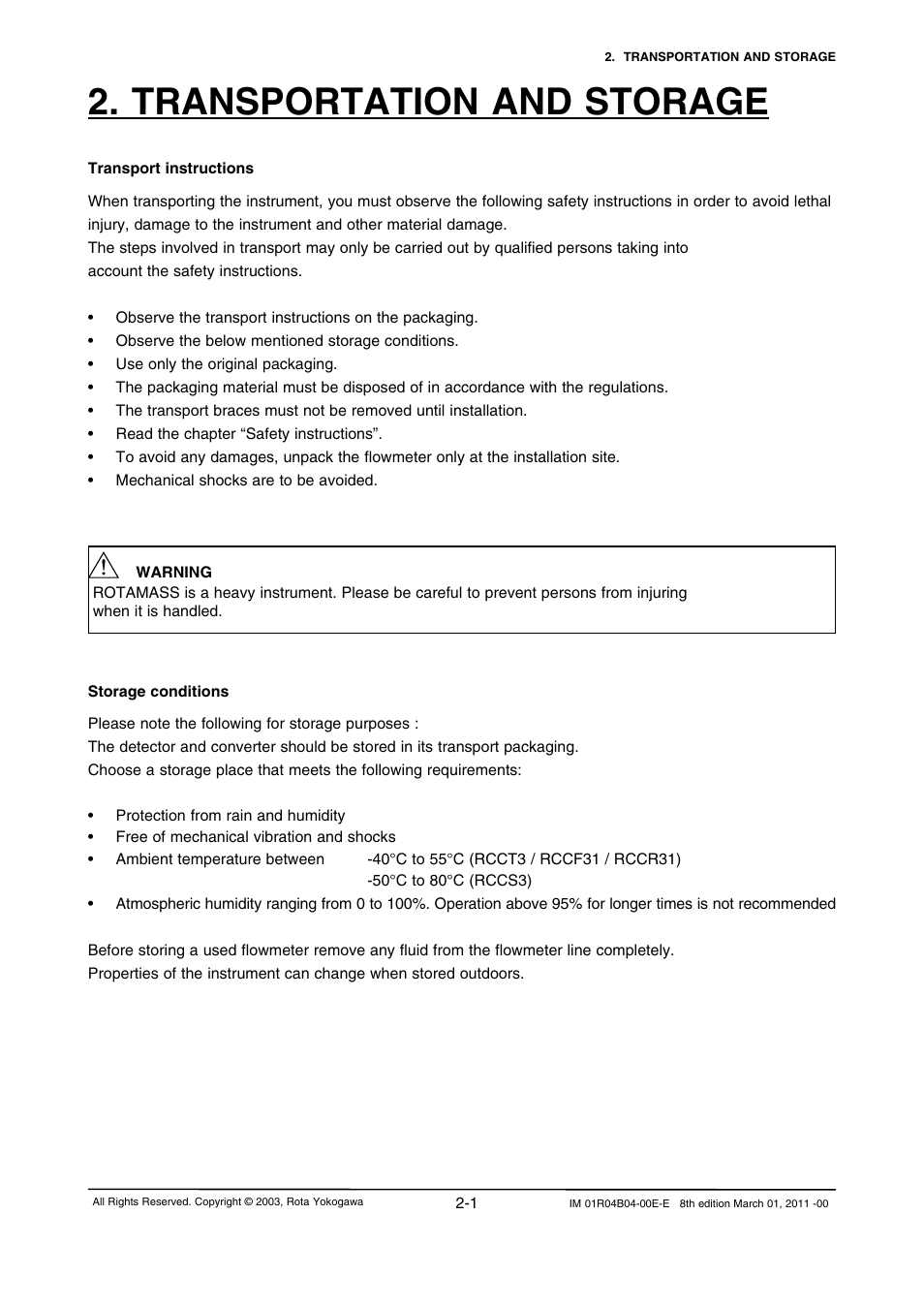 Transportation and storage, Transportation and storage -1 | Yokogawa RotaMASS 3-Series User Manual | Page 17 / 254