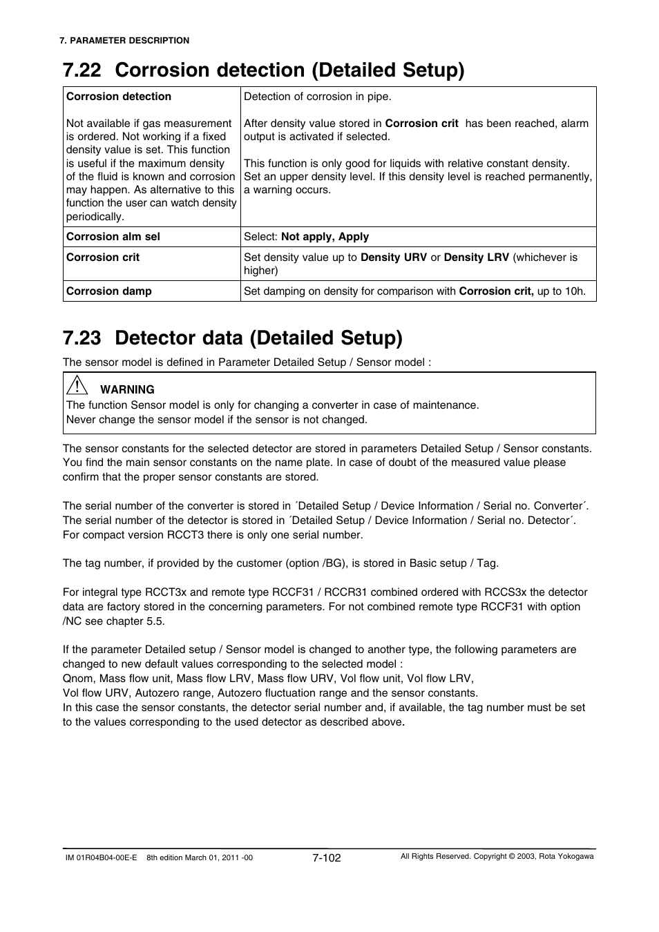 22 corrosion detection (detailed setup), 23 detector data (detailed setup), 22 corrosion detection (detailed setup) -102 | 23 detector data (detailed setup) -102 | Yokogawa RotaMASS 3-Series User Manual | Page 174 / 254