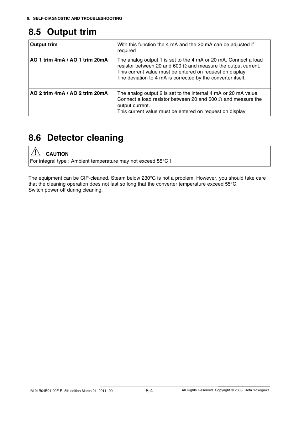 5 output trim, 6 detector cleaning, 5 output trim -4 | 6 detector cleaning -4, 5 output trim 8.6 detector cleaning | Yokogawa RotaMASS 3-Series User Manual | Page 180 / 254