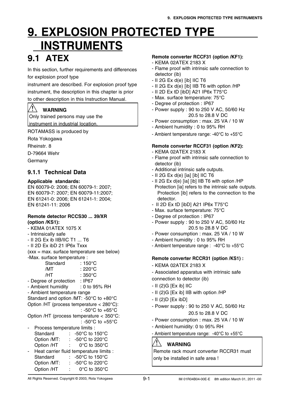 Explosion protected type instruments, 1 atex, 1 technical data | Explosion protected type instruments -1, 1 atex -1, 1 technical data -1 | Yokogawa RotaMASS 3-Series User Manual | Page 193 / 254