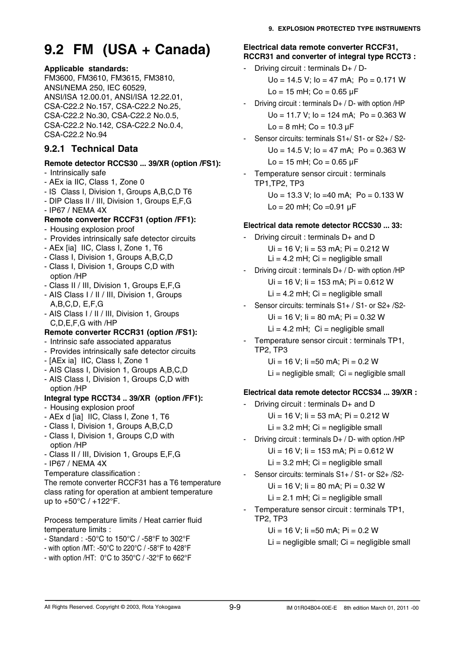 2 fm (usa + canada), 1 technical data, 2 fm (usa + canada) -9 | 1 technical data -9 | Yokogawa RotaMASS 3-Series User Manual | Page 201 / 254