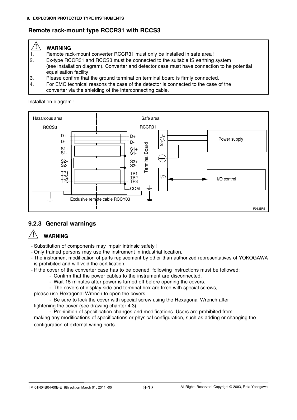 3 general warnings, 3 general warnings -12, Remote rack-mount type rccr31 with rccs3 | Yokogawa RotaMASS 3-Series User Manual | Page 204 / 254