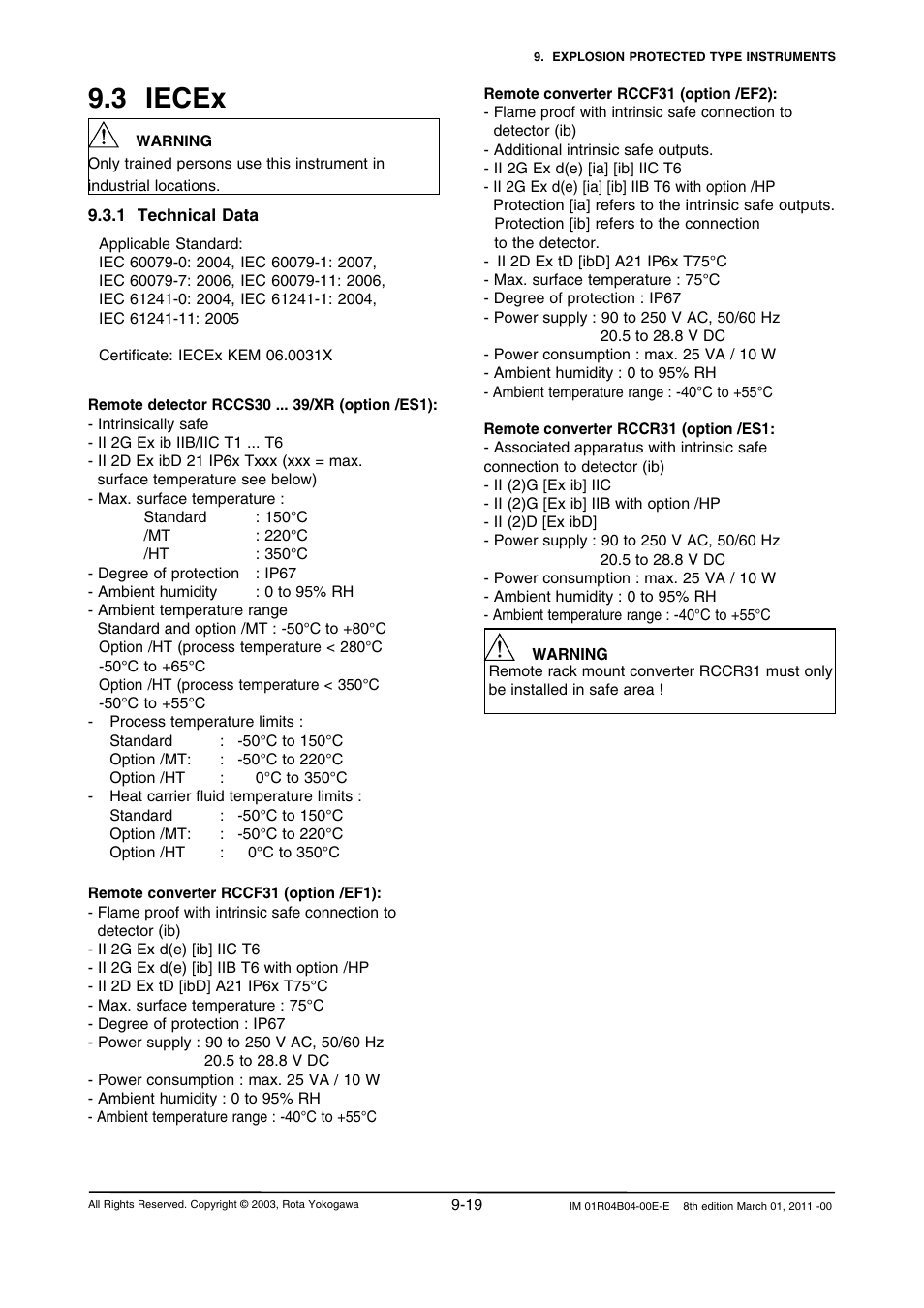 3 iecex, 1 technical data, 3 iecex -19 | 1 technical data -19 | Yokogawa RotaMASS 3-Series User Manual | Page 211 / 254