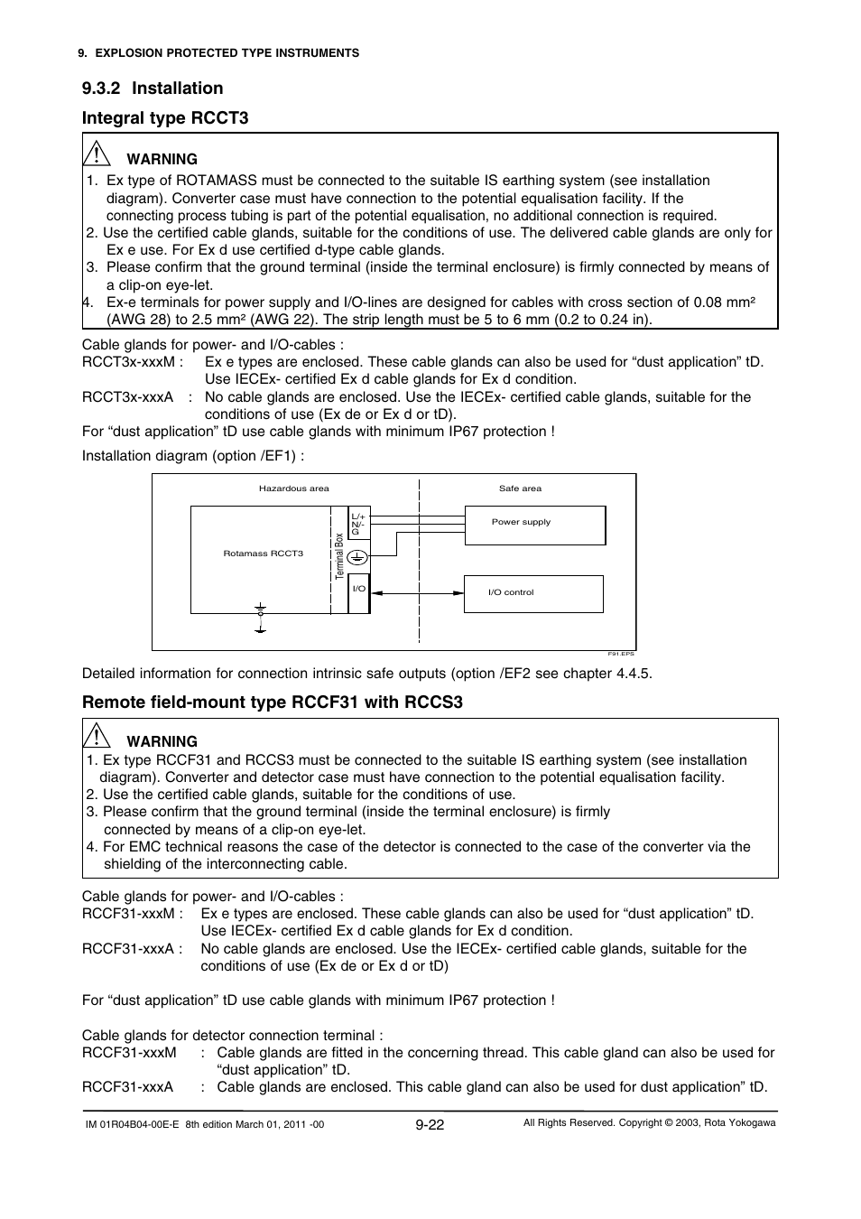 2 installation, 2 installation -22, Remote field-mount type rccf31 with rccs3 | 2 installation integral type rcct3 | Yokogawa RotaMASS 3-Series User Manual | Page 214 / 254