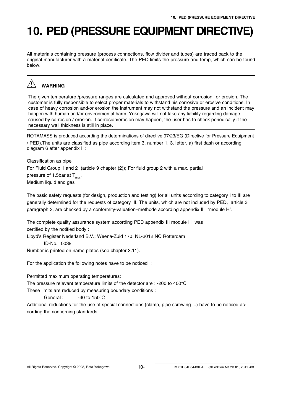 Ped (pressure equipment directive), Ped (pressure equipment directive) -1 | Yokogawa RotaMASS 3-Series User Manual | Page 219 / 254
