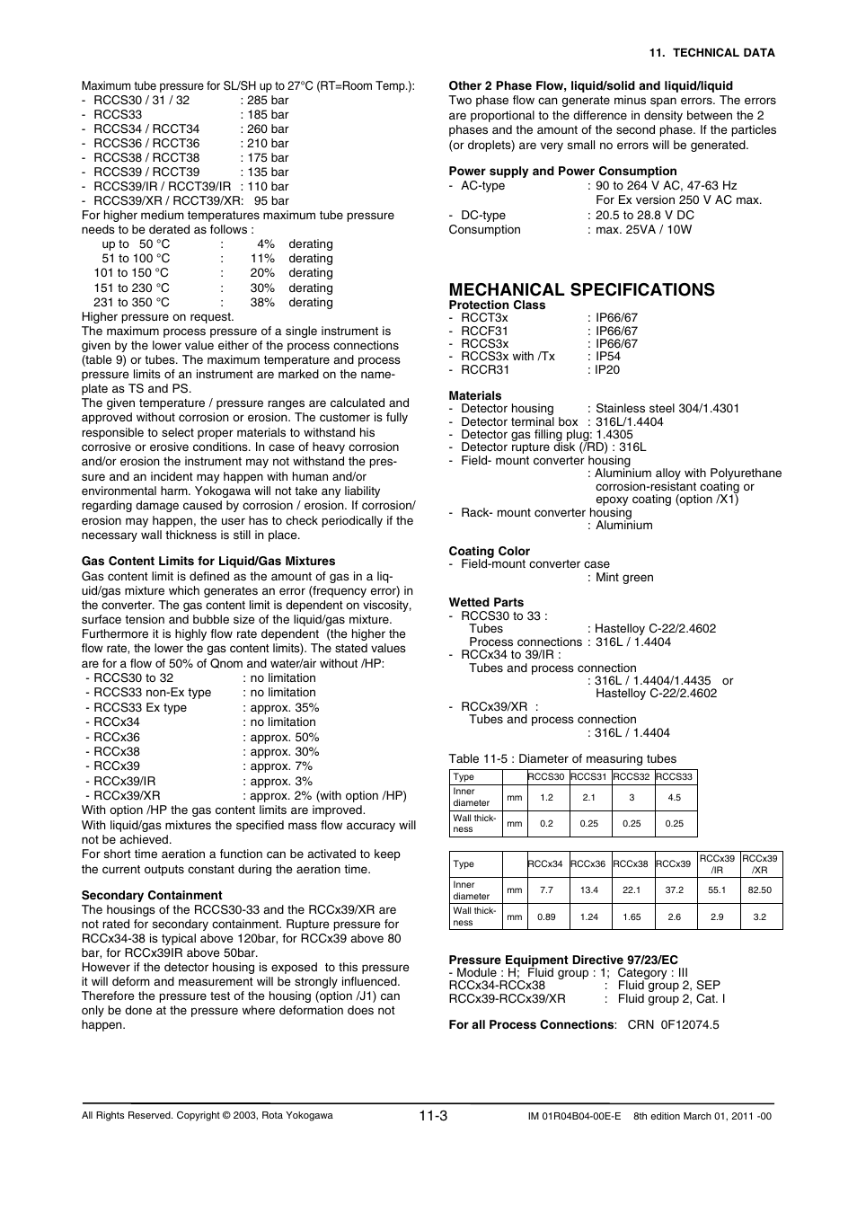 Mechanical specifications | Yokogawa RotaMASS 3-Series User Manual | Page 225 / 254