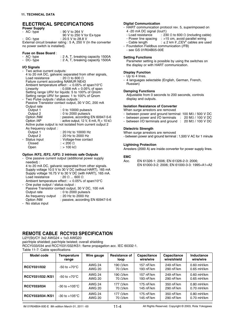 Electrical specifications, Remote cable rccy03 specification | Yokogawa RotaMASS 3-Series User Manual | Page 226 / 254
