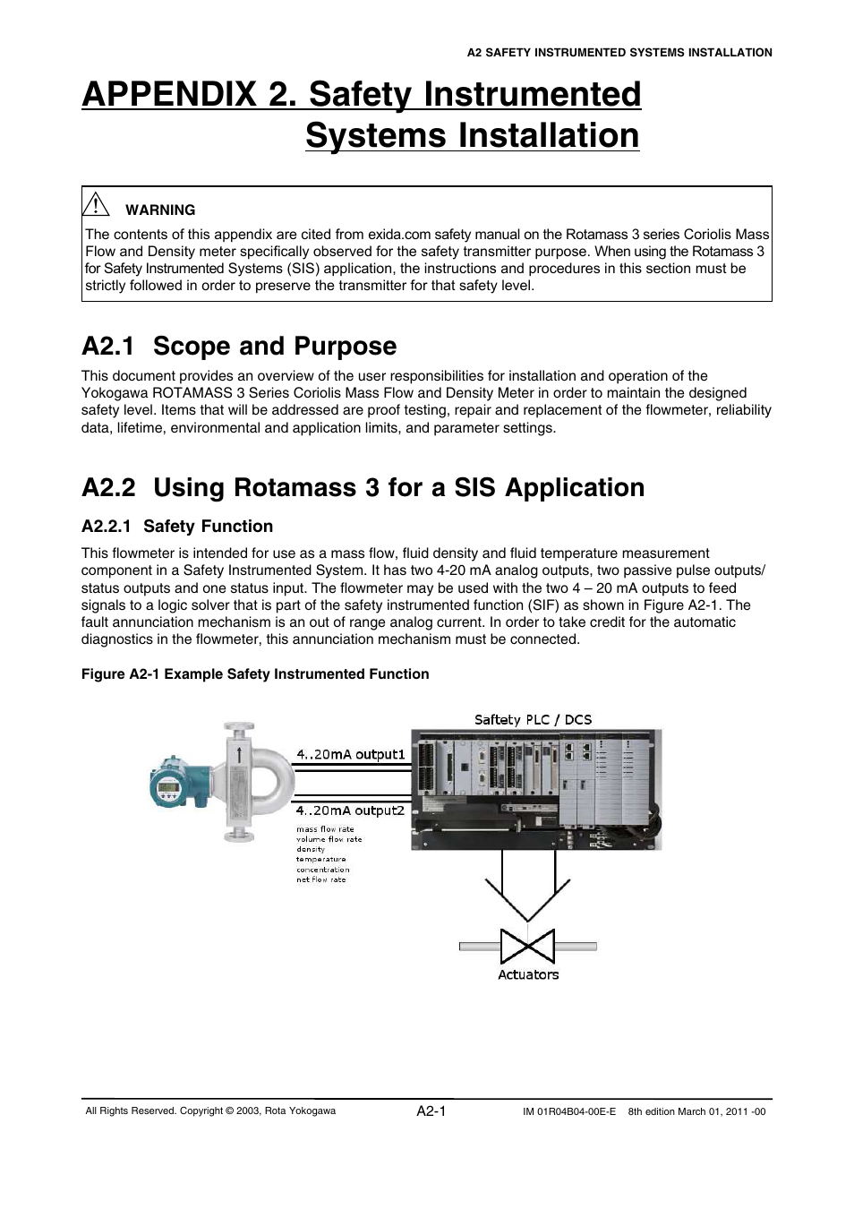 A2.1 scope and purpose, A2.2 using rotamass 3 for a sis application, A2.2.1 safety function | Yokogawa RotaMASS 3-Series User Manual | Page 249 / 254