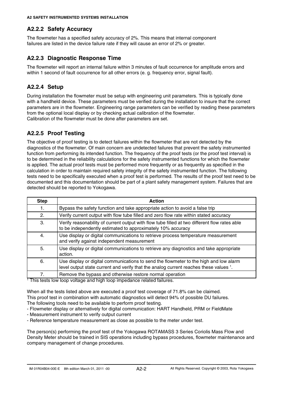 A2.2.2 safety accuracy, A2.2.3 diagnostic response time, A2.2.4 setup | A2.2.5 proof testing | Yokogawa RotaMASS 3-Series User Manual | Page 250 / 254