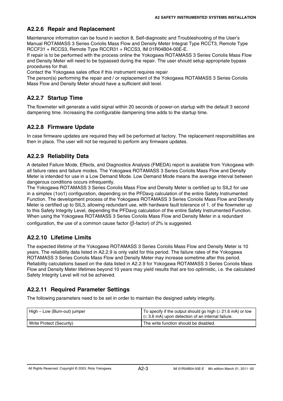 A2.2.6 repair and replacement, A2.2.7 startup time, A2.2.8 firmware update | A2.2.9 reliability data, A2.2.10 lifetime limits, A2.2.11 required parameter settings | Yokogawa RotaMASS 3-Series User Manual | Page 251 / 254