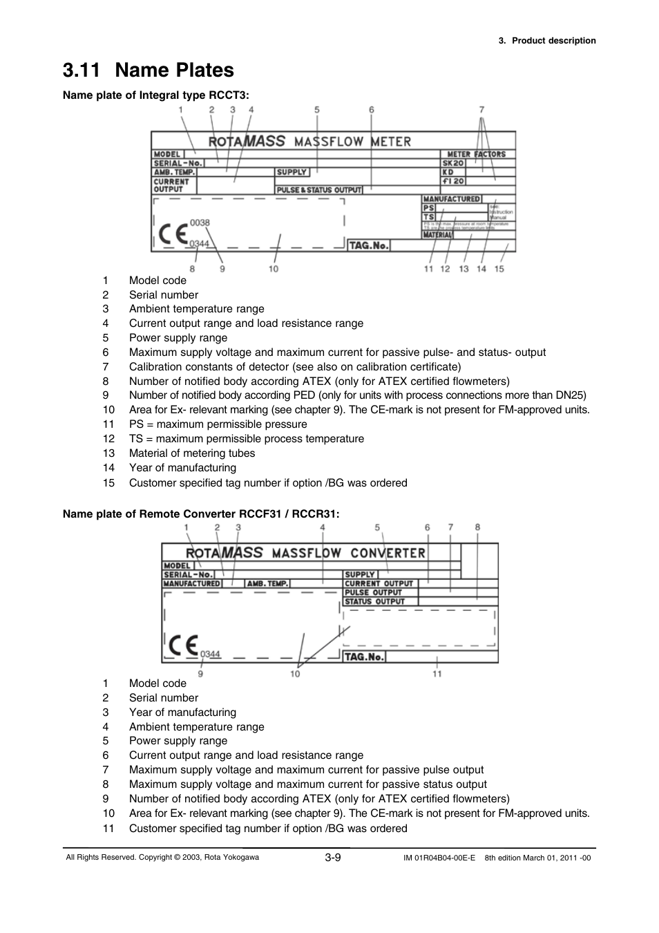 11 name plates, 11 name plates -9 | Yokogawa RotaMASS 3-Series User Manual | Page 27 / 254