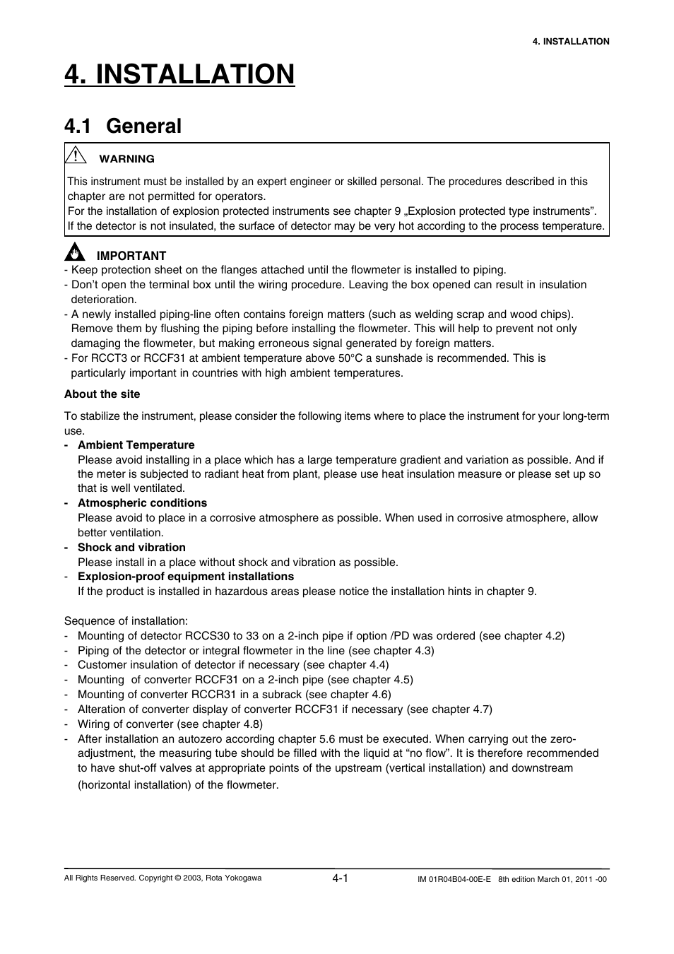 Installation, 1 general, Installation -1 | Yokogawa RotaMASS 3-Series User Manual | Page 29 / 254