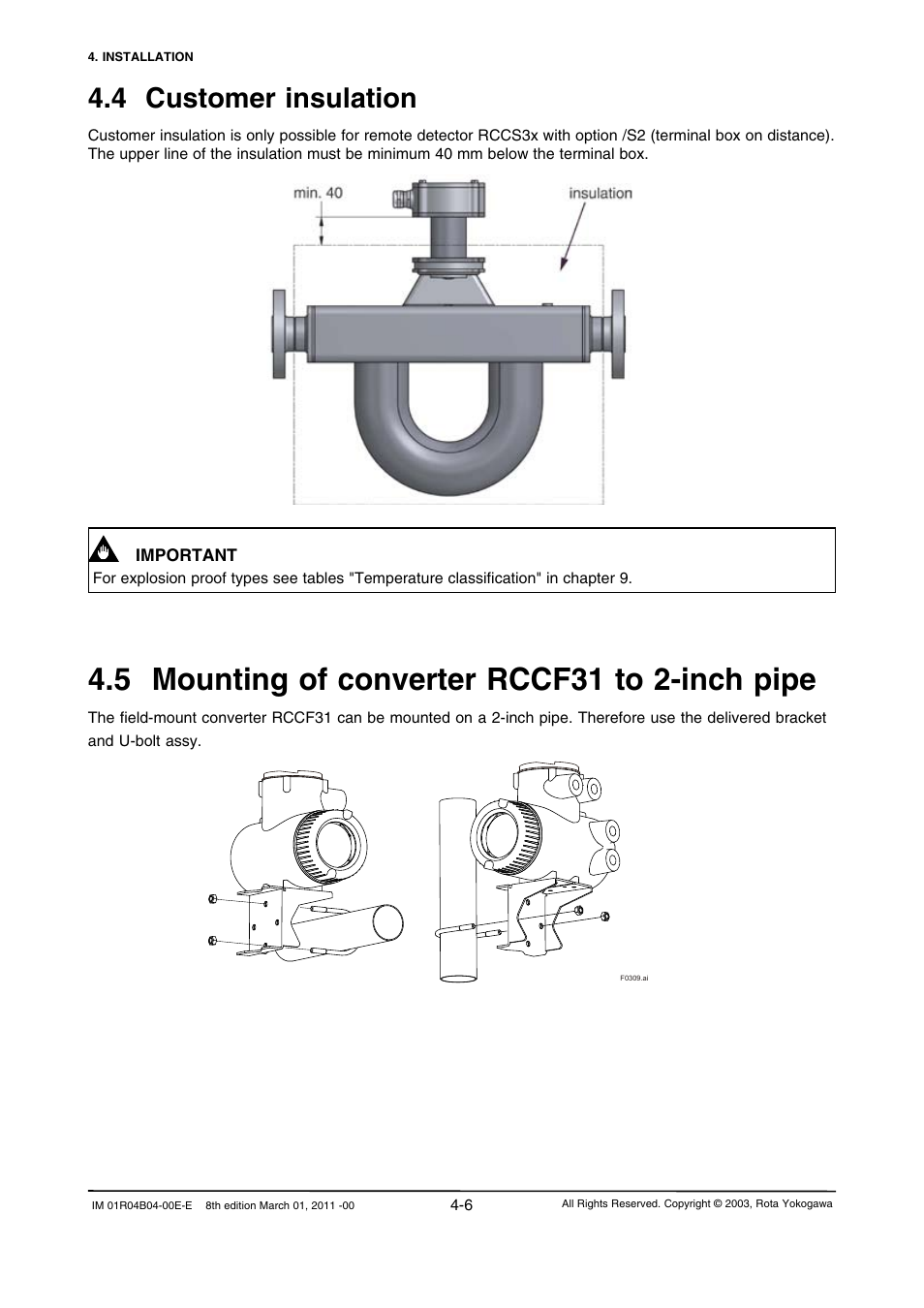 4 customer insulation, 5 mounting of converter rccf31 to 2-inch pipe, 4 customer insulation -6 | 5 mounting of converter rccf31 to 2-inch pipe -6 | Yokogawa RotaMASS 3-Series User Manual | Page 34 / 254