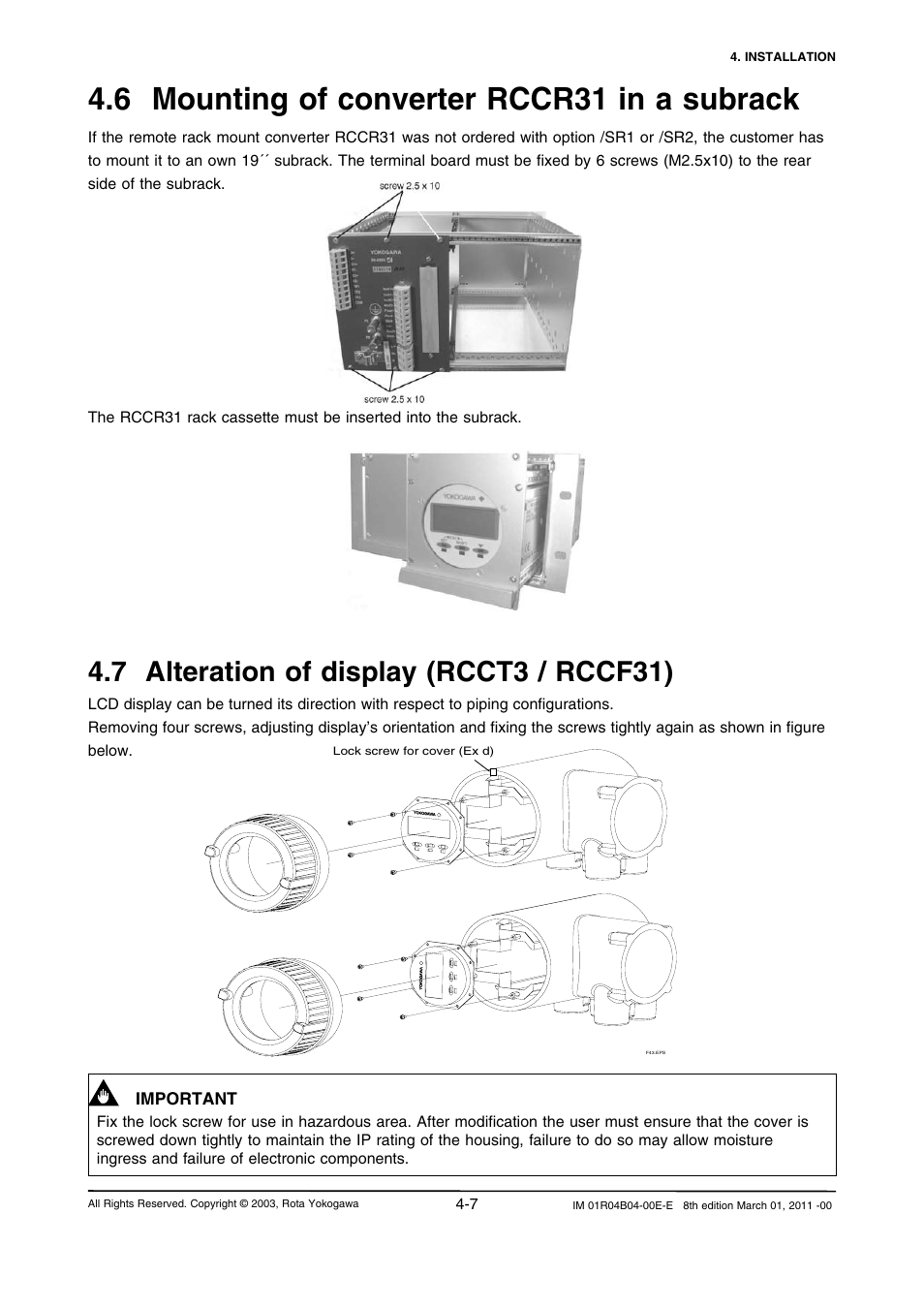 6 mounting of converter rccr31 in a subrack, 7 alteration of display (rcct3 / rccf31), 6 mounting of converter rccr31 in a subrack -7 | 7 alteration of display (rcct3 / rccf31) -7 | Yokogawa RotaMASS 3-Series User Manual | Page 35 / 254