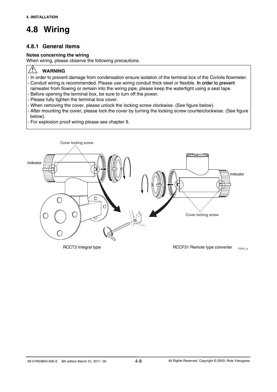 8 wiring, 1 general items, 8 wiring -8 | 1 general items -8 | Yokogawa RotaMASS 3-Series User Manual | Page 36 / 254
