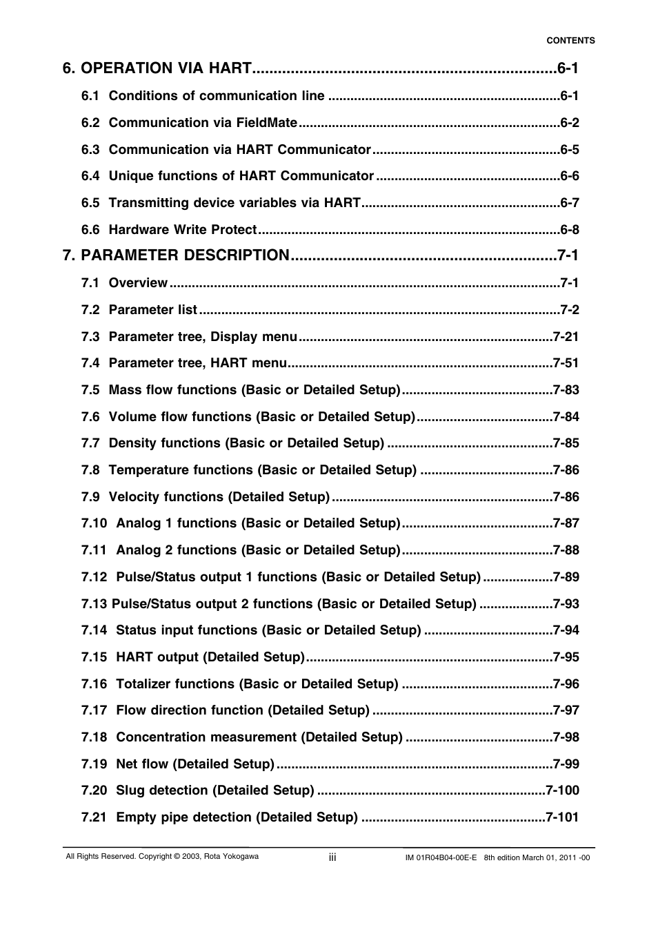 Operation via hart -1, Parameter description -1 | Yokogawa RotaMASS 3-Series User Manual | Page 5 / 254