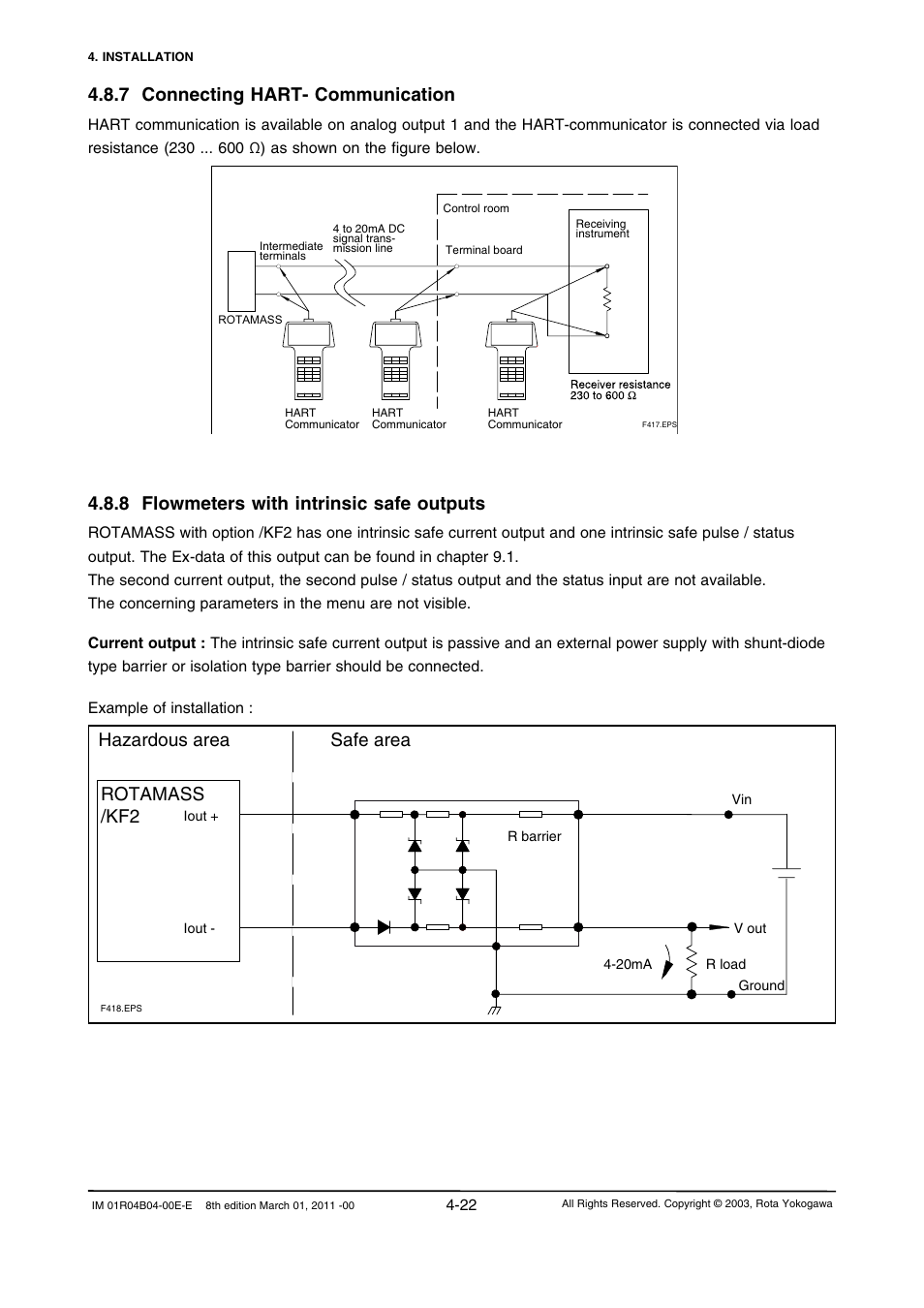 7 connecting hart- communication, 8 flowmeters with intrinsic safe outputs, 7 connecting hart- communication -22 | 8 flowmeters with intrinsic safe outputs -22, Hazardous area, Safe area rotamass /kf2 | Yokogawa RotaMASS 3-Series User Manual | Page 50 / 254