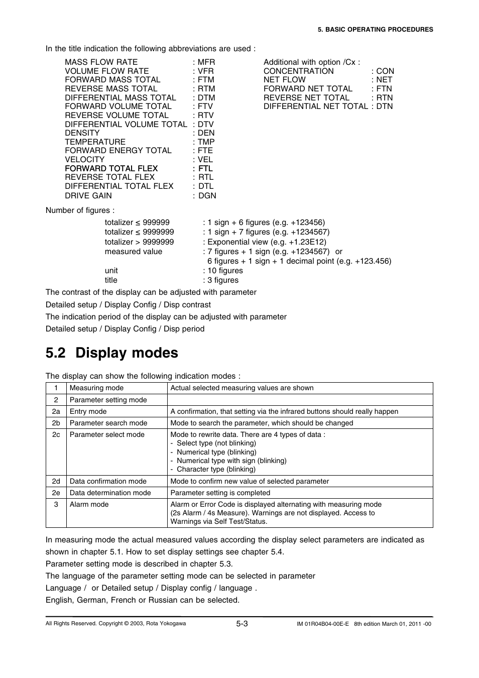 2 display modes, 2 display modes -3 | Yokogawa RotaMASS 3-Series User Manual | Page 55 / 254
