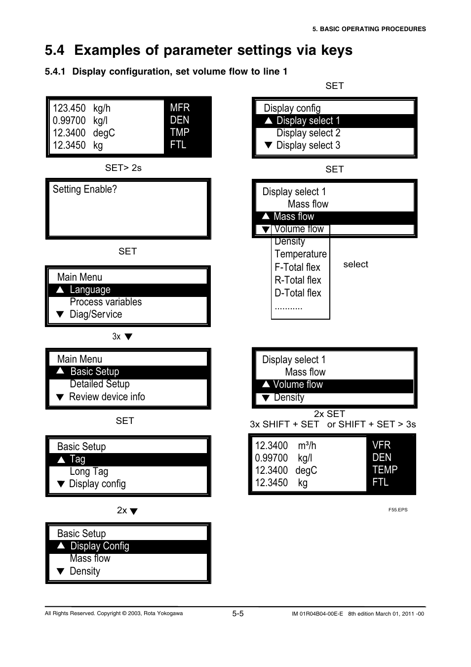 4 examples of parameter settings via keys, 1 display configuration, set volume flow to line 1, 4 examples of parameter settings via keys -5 | Yokogawa RotaMASS 3-Series User Manual | Page 57 / 254