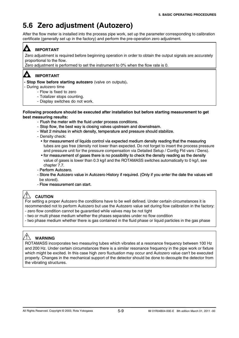 6 zero adjustment (autozero), 6 zero adjustment (autozero) -9 | Yokogawa RotaMASS 3-Series User Manual | Page 61 / 254