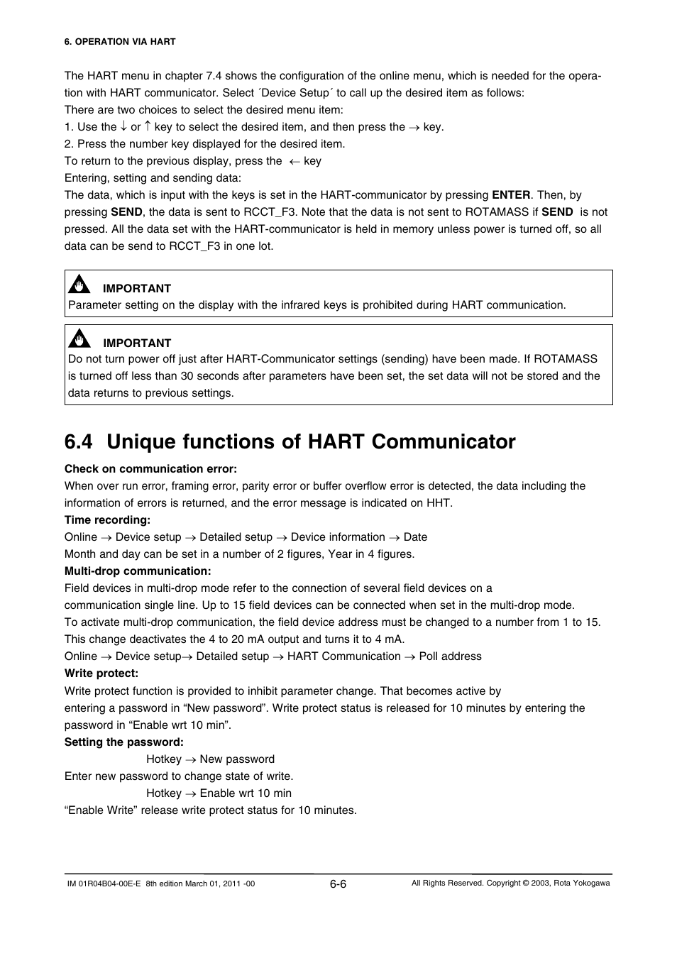 4 unique functions of hart communicator, 4 unique functions of hart communicator -6 | Yokogawa RotaMASS 3-Series User Manual | Page 70 / 254