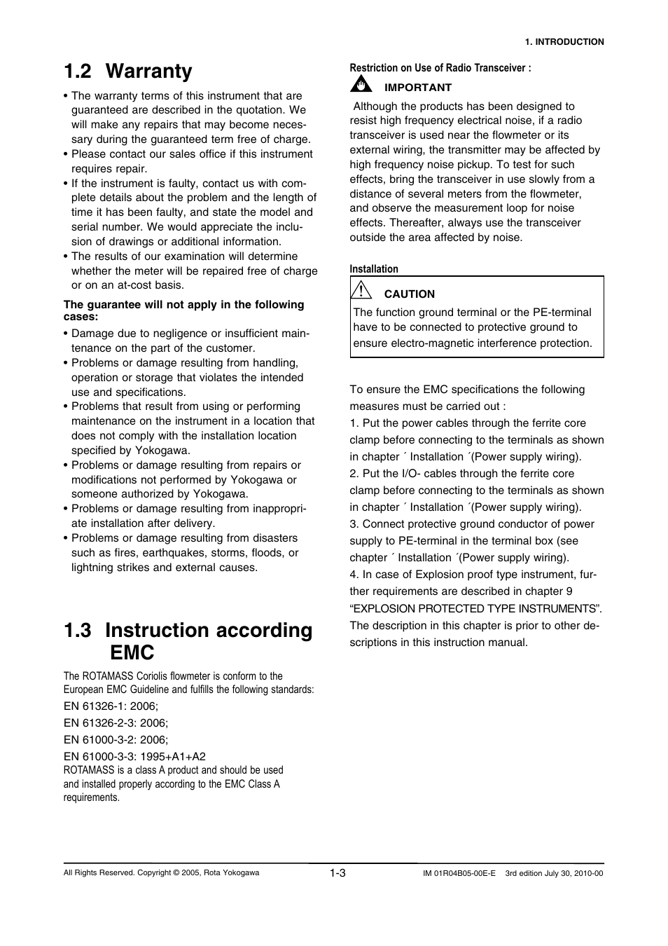 2 warranty, 3 instruction according emc | Yokogawa RotaMASS 3-Series User Manual | Page 11 / 182
