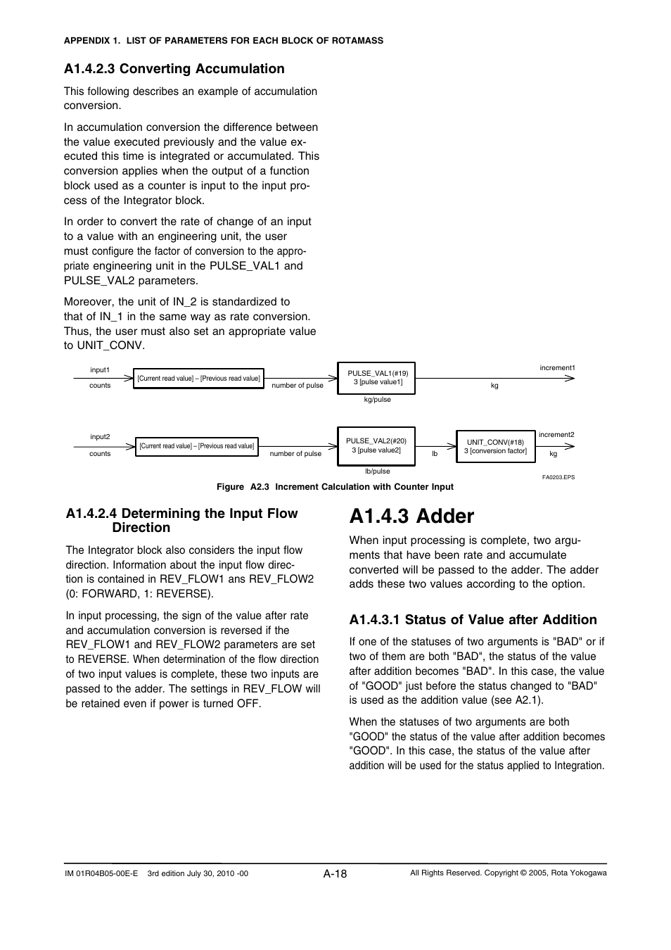 A1.4.3 adder, A1.4.2.3 converting accumulation, A1.4.2.4 determining the input flow direction | A1.4.3.1 status of value after addition | Yokogawa RotaMASS 3-Series User Manual | Page 118 / 182