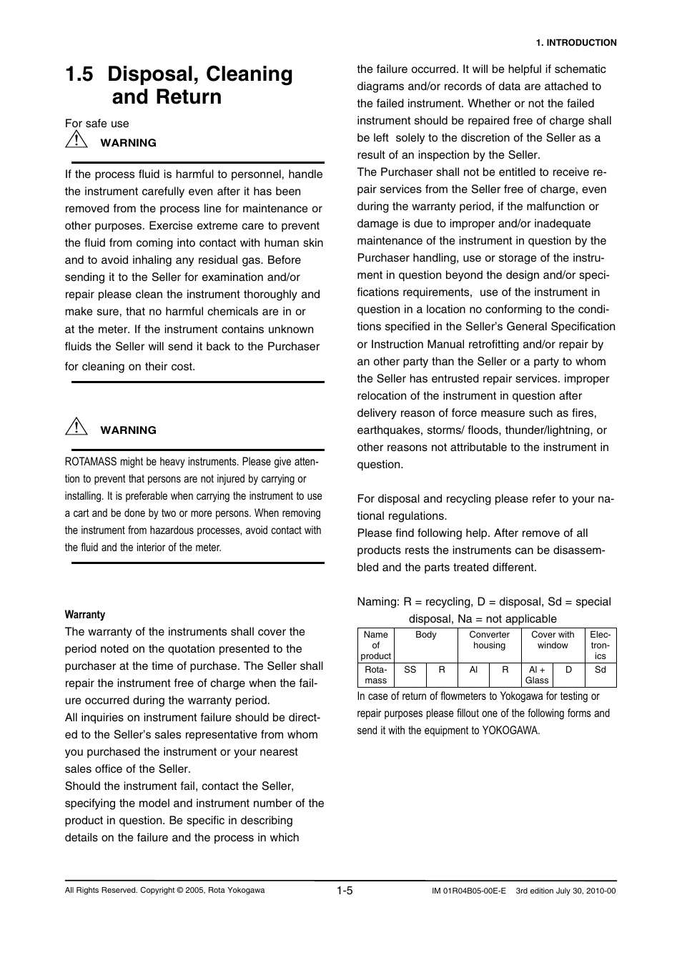 5 disposal, cleaning and return | Yokogawa RotaMASS 3-Series User Manual | Page 13 / 182