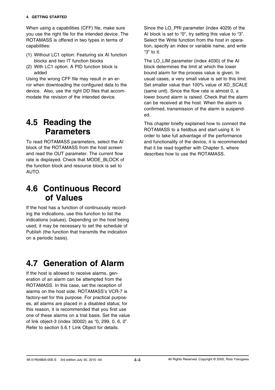 5 reading the parameters, 6 continuous record of values, 7 generation of alarm | Yokogawa RotaMASS 3-Series User Manual | Page 24 / 182