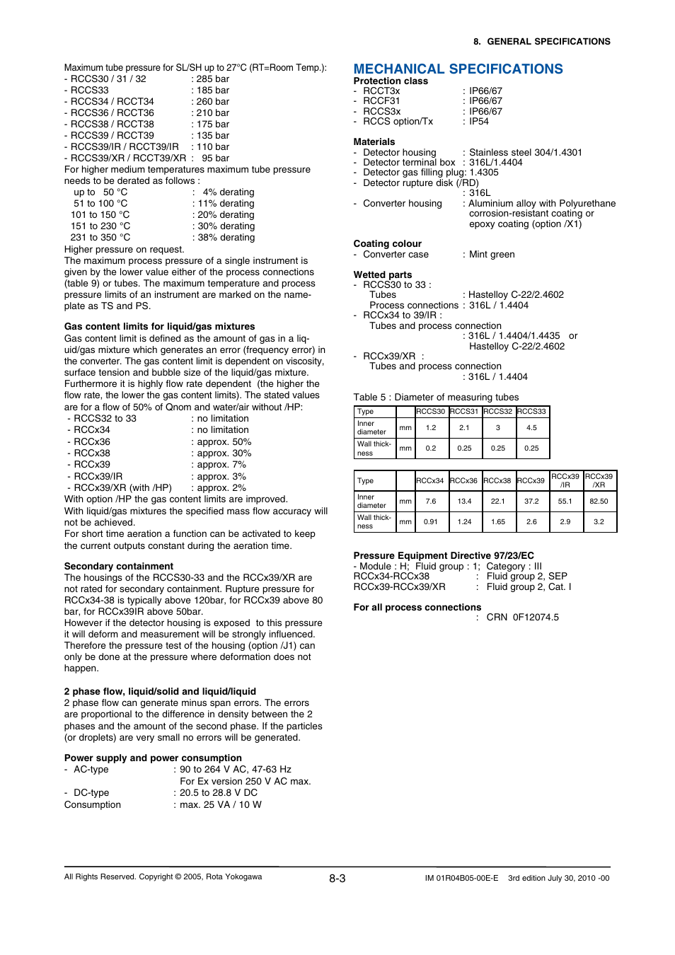 Mechanical specifications | Yokogawa RotaMASS 3-Series User Manual | Page 57 / 182