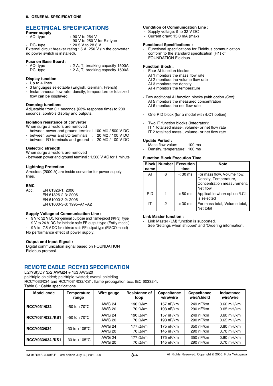 Electrical specifications, Remote cable rccy03 specification | Yokogawa RotaMASS 3-Series User Manual | Page 58 / 182