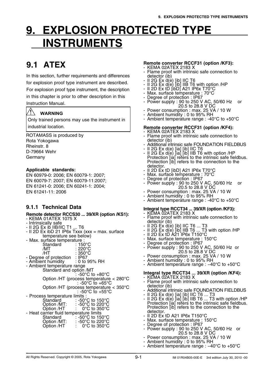 Explosion protected type instruments, 1 atex | Yokogawa RotaMASS 3-Series User Manual | Page 77 / 182