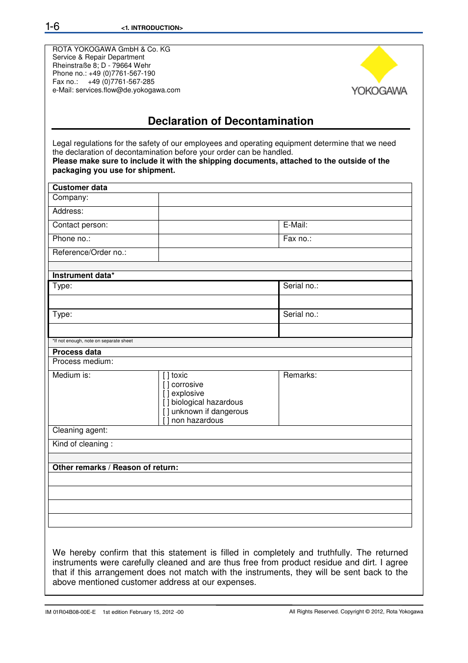 Declaration of decontamination | Yokogawa RotaMASS 3-Series User Manual | Page 10 / 76