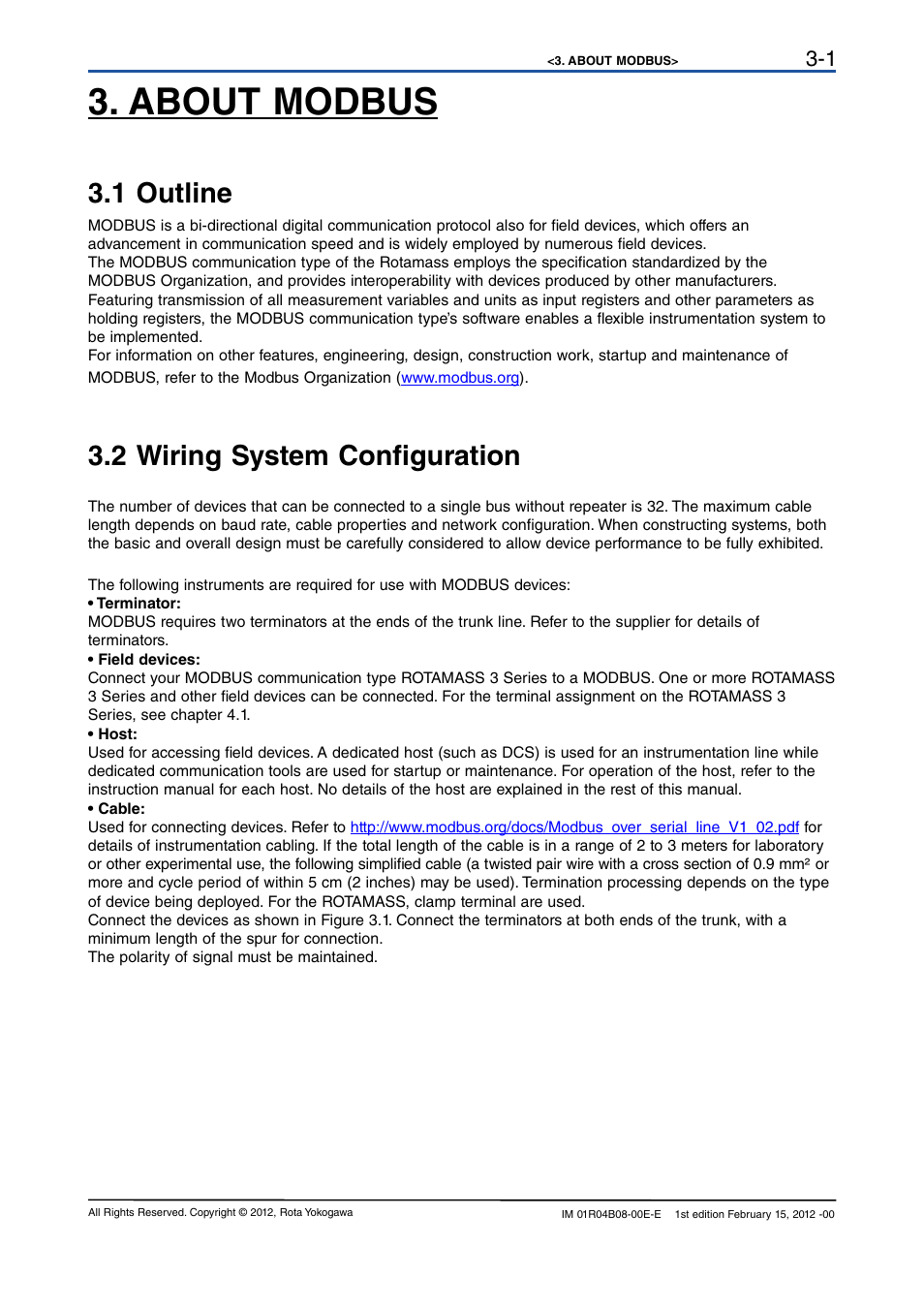 About modbus, 1 outline, 2 wiring system configuration | About modbus -1, 1 outline -1, 2 wiring system configuration -1 | Yokogawa RotaMASS 3-Series User Manual | Page 13 / 76