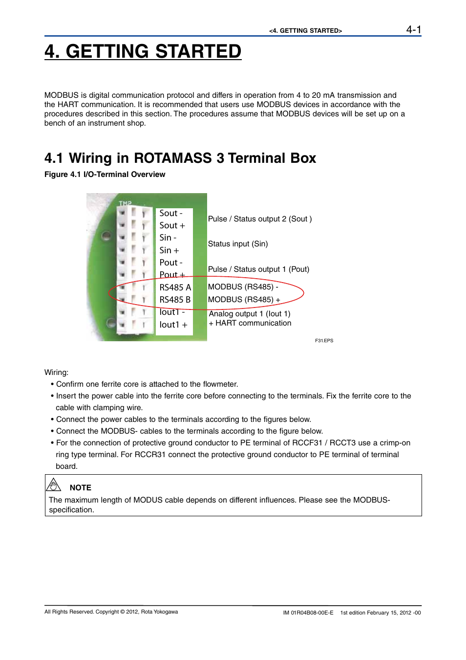 Getting started, 1 wiring in rotamass 3 terminal box, Getting started -1 | 1 wiring in rotamass 3 terminal box -1 | Yokogawa RotaMASS 3-Series User Manual | Page 15 / 76