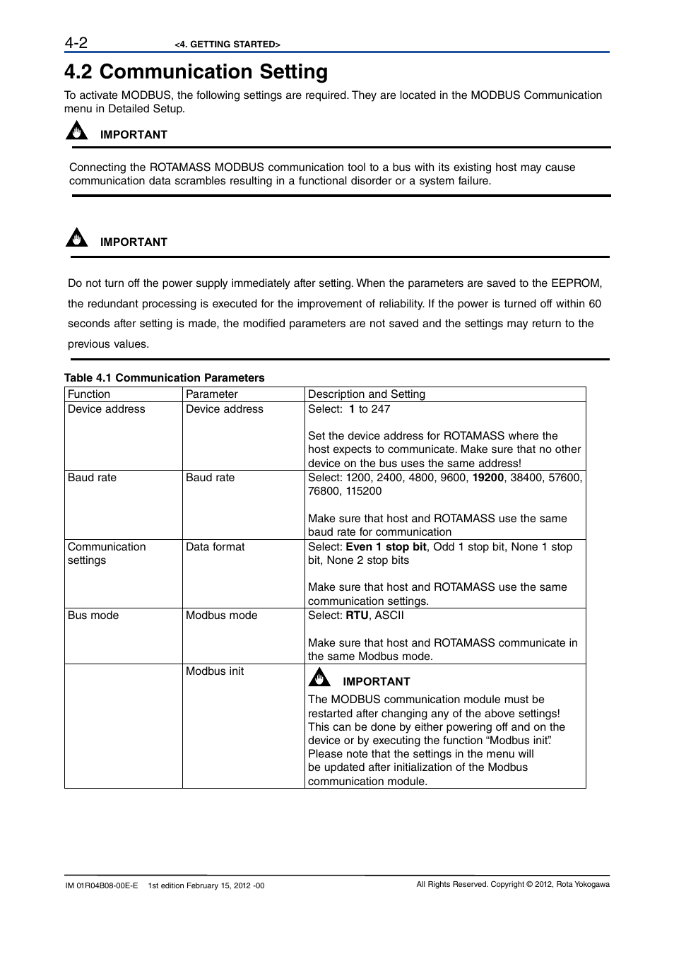 2 communication setting, 2 communication setting -2 | Yokogawa RotaMASS 3-Series User Manual | Page 16 / 76