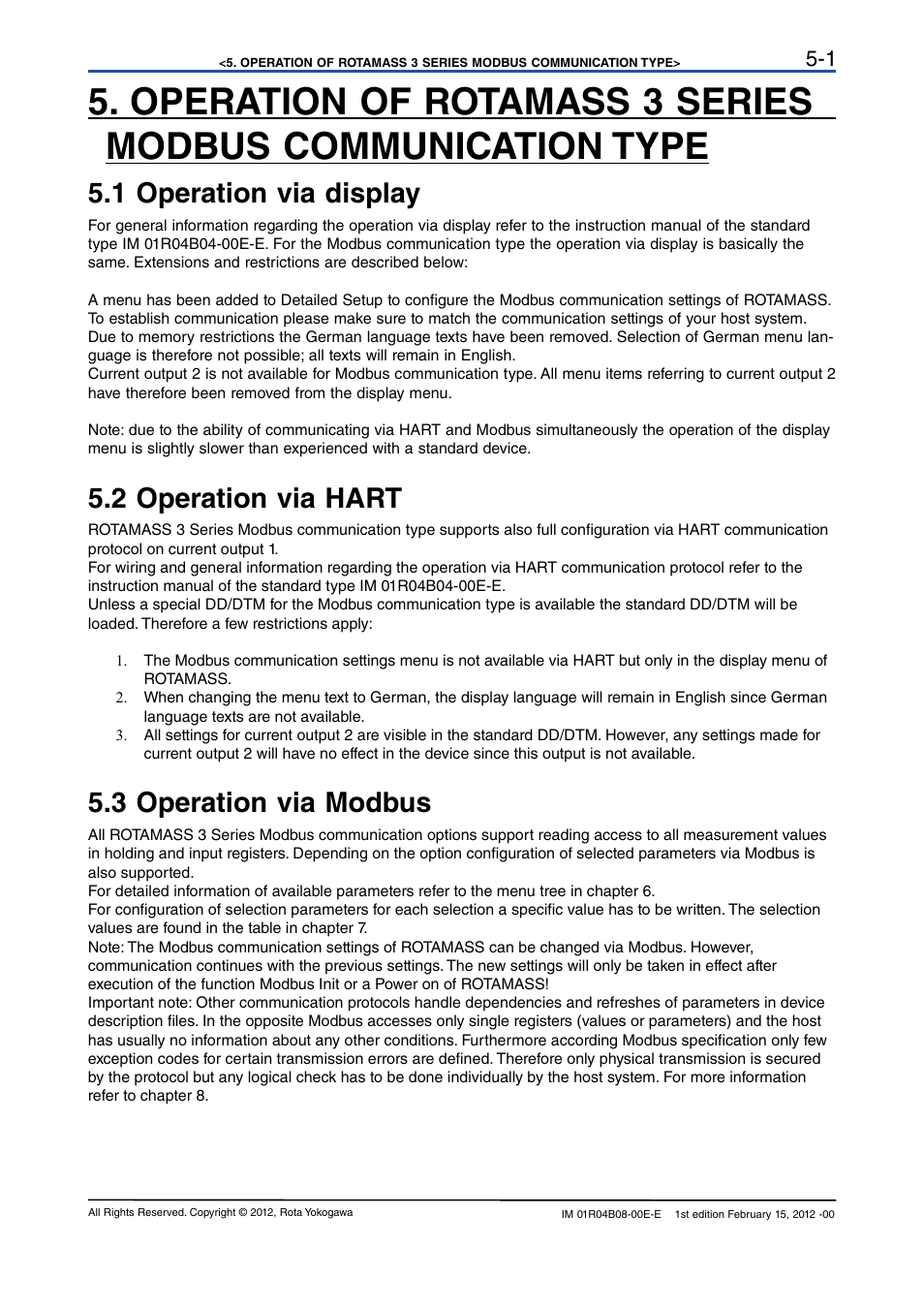 1 operation via display, 2 operation via hart, 3 operation via modbus | 1 operation via display -1, 2 operation via hart -1, 3 operation via modbus -1 | Yokogawa RotaMASS 3-Series User Manual | Page 19 / 76